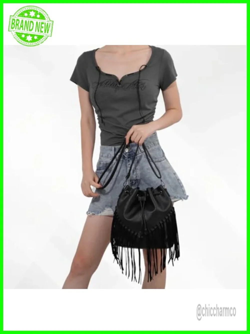Vegan Faux Suede Leather Fringe Bucket Hobo Bag Crossbody Purse